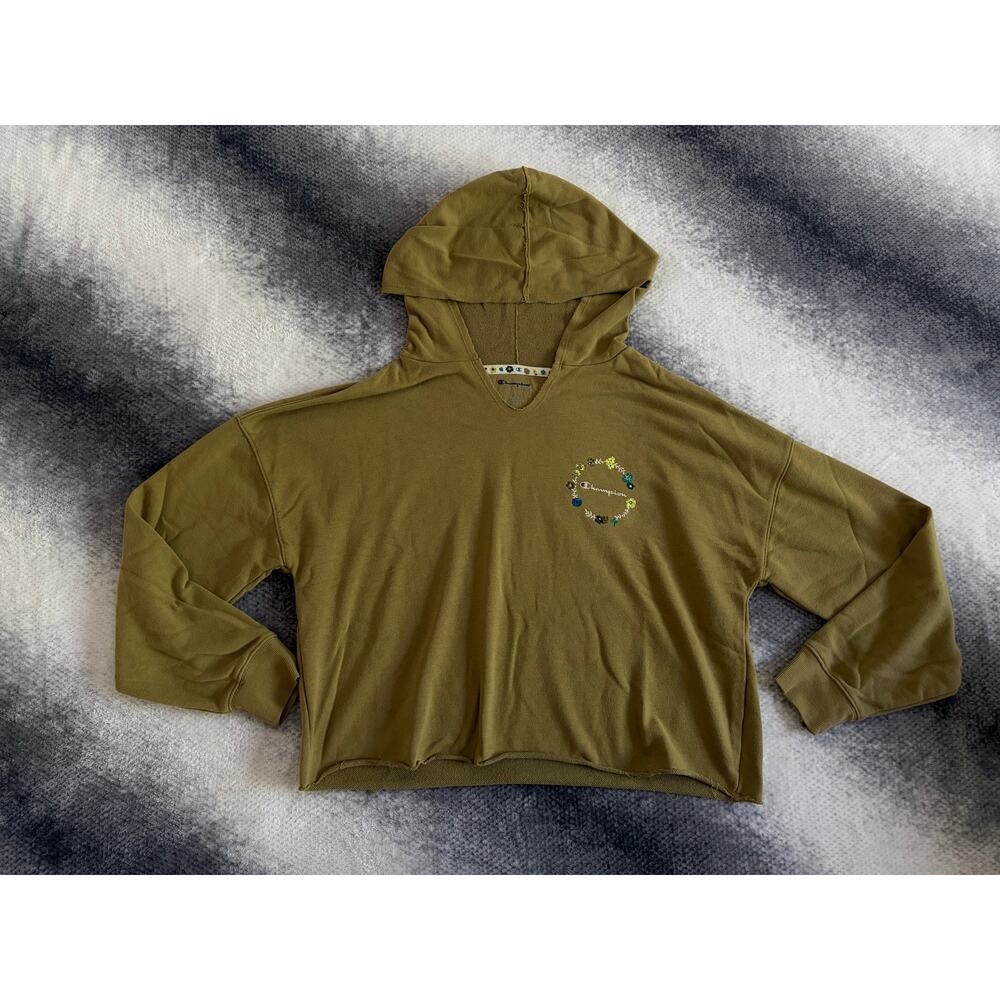 Champion Hoodie Pullover Olive Green Crop Cut Hem Flower Hooded Size Large